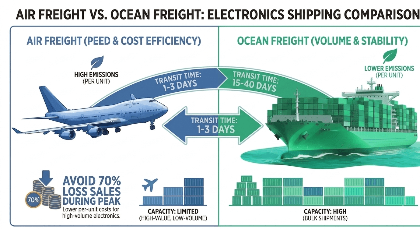 Air vs Ocean Freight for Electronics 2026 while air wins on speed, ocean delivers on cost, capacity, emissions, and 2026 schedule reliability.png