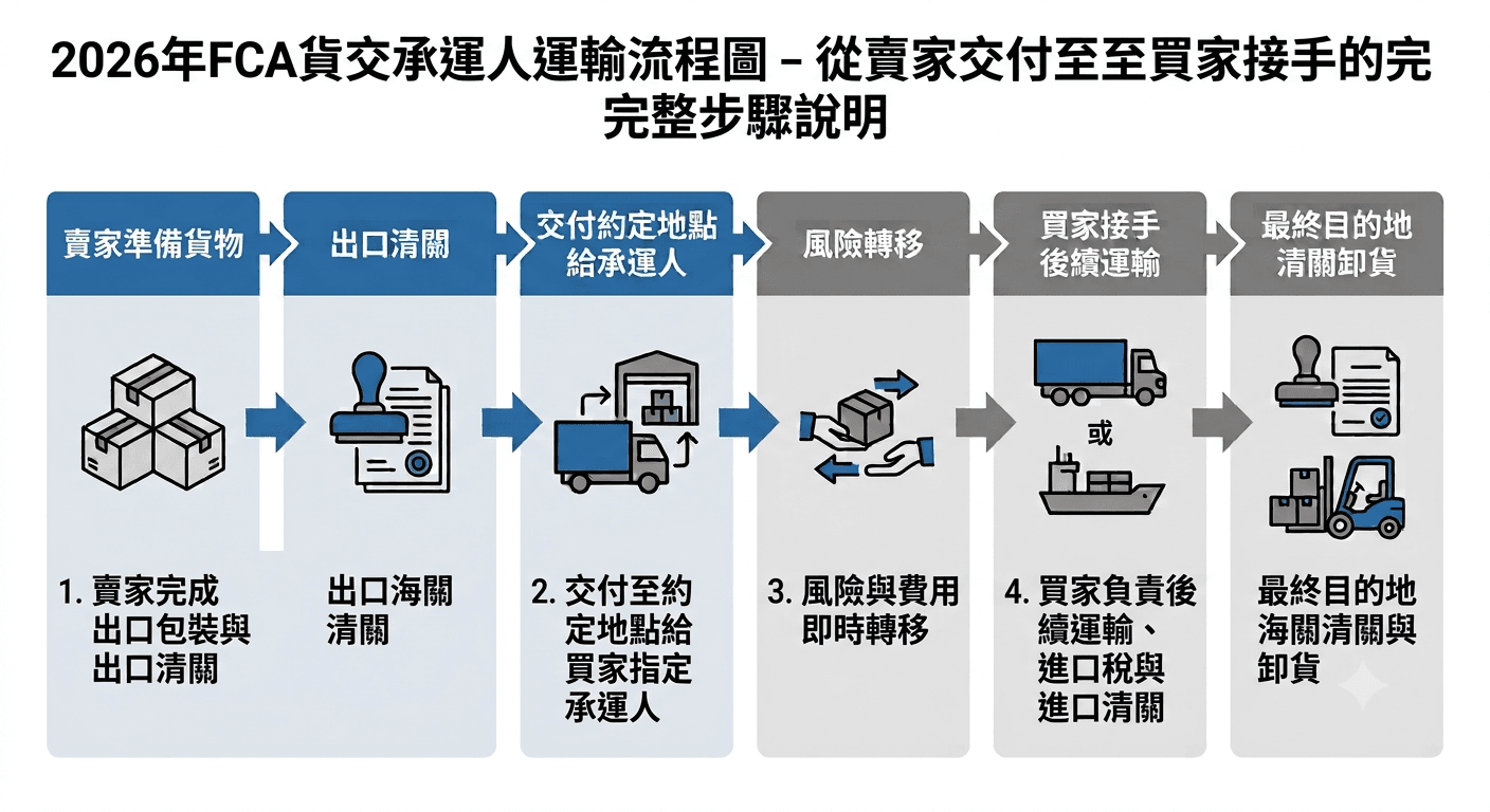 2026年FCA貨交承運人運輸流程圖 – 從賣家交付到買家接手的完整步驟說明