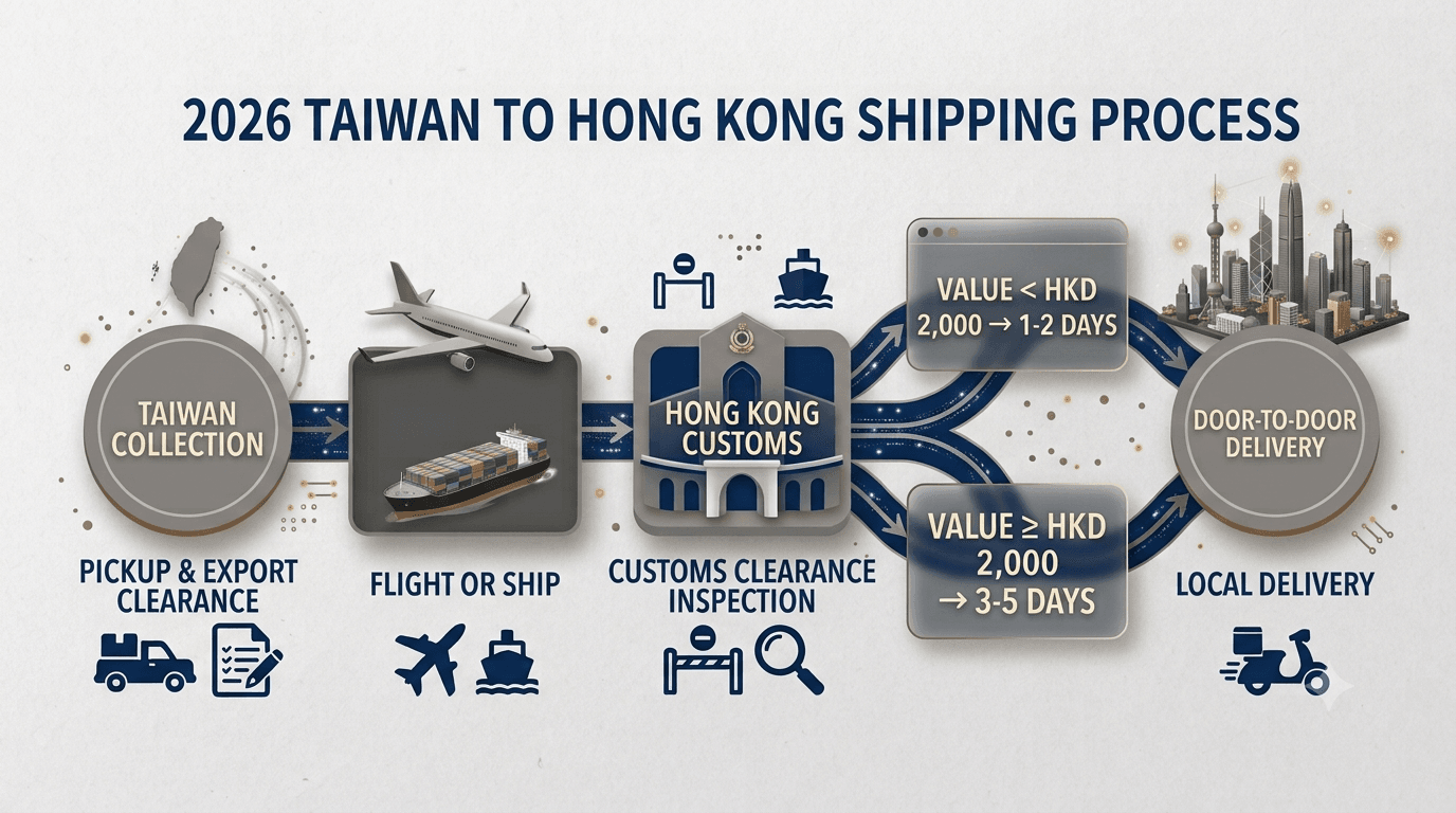 Step-by-step process flowchart of Taiwan to Hong Kong shipping transit and customs clearance times in 2026