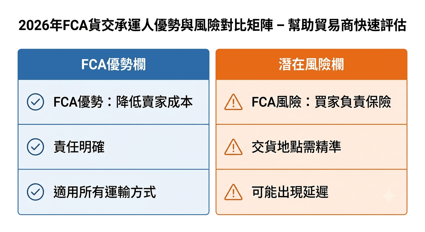 2026年FCA貨交承運人優勢與風險對比矩陣 – 幫助貿易商快速評估