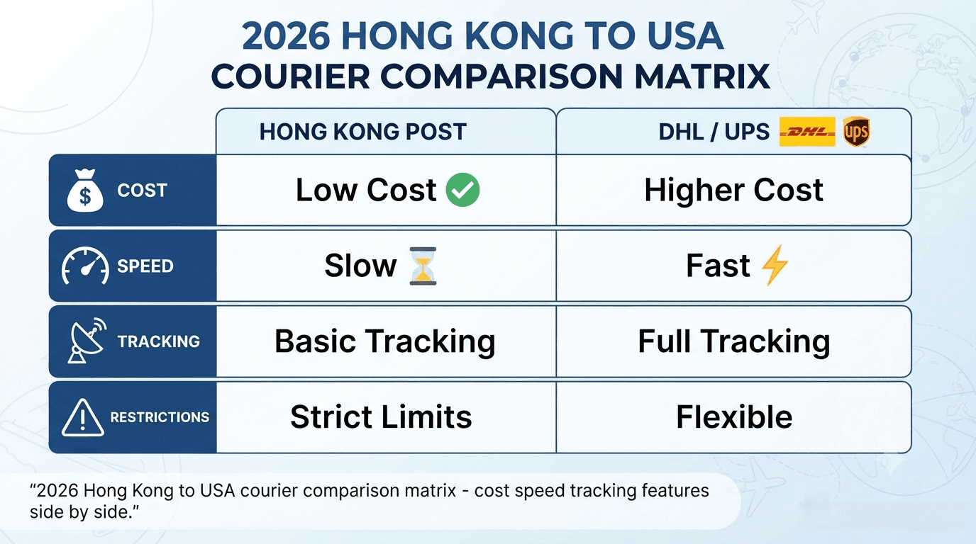 2026 Hong Kong to USA courier comparison matrix - cost speed tracking features side by side. 