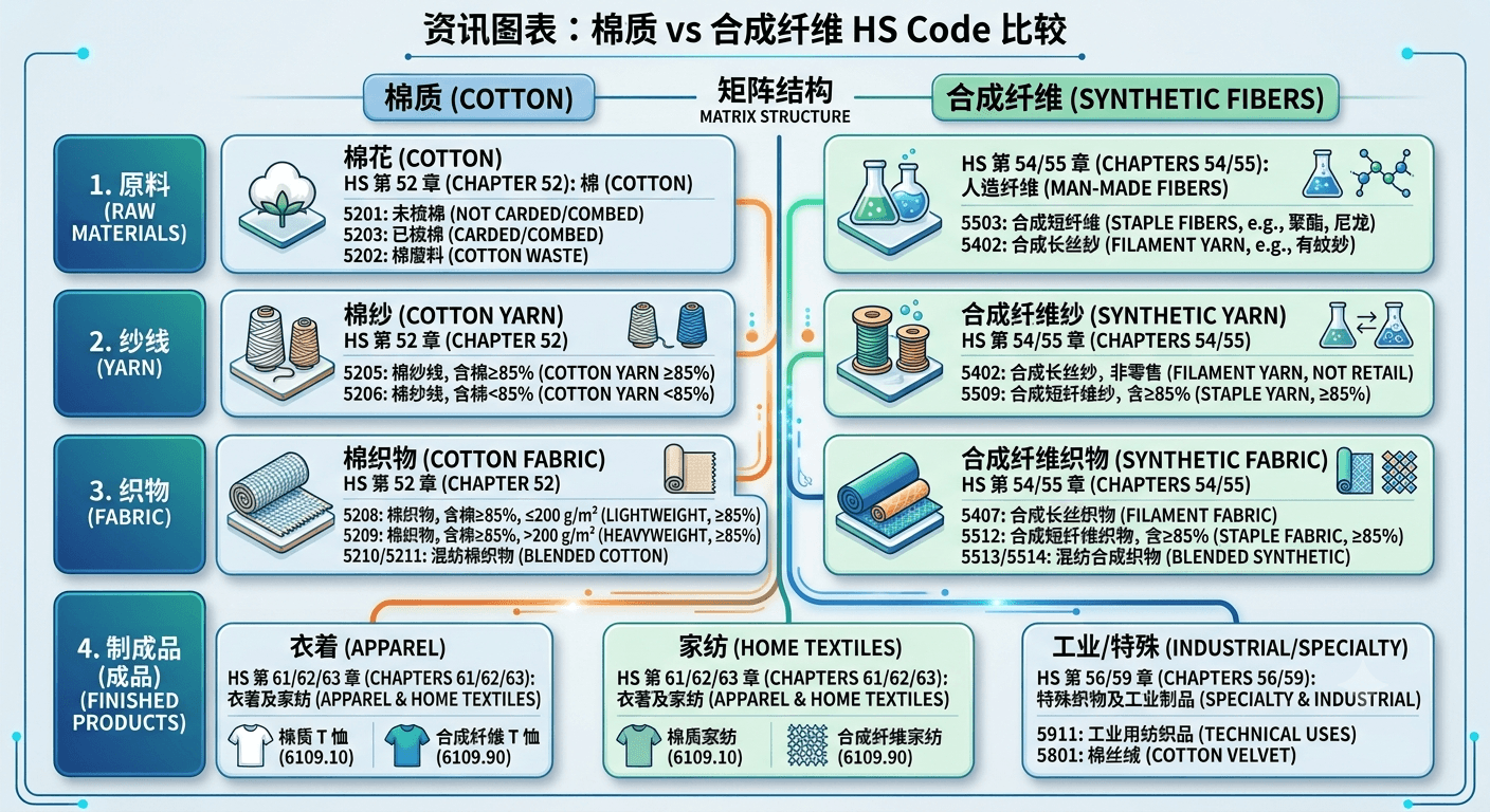 棉质vs合成织维 HS Code 比较