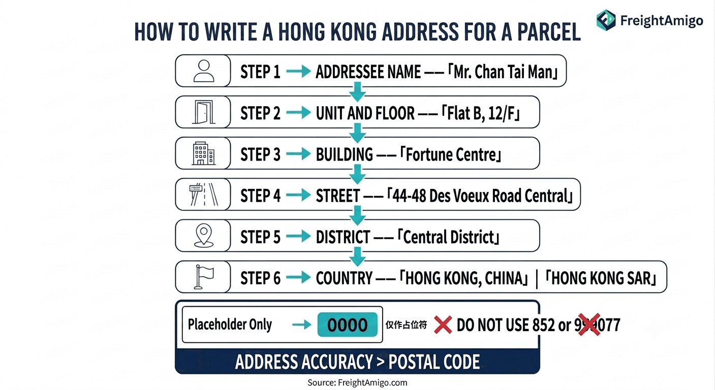 Step-by-step visual guide to formatting a Hong Kong shipping address in 2026