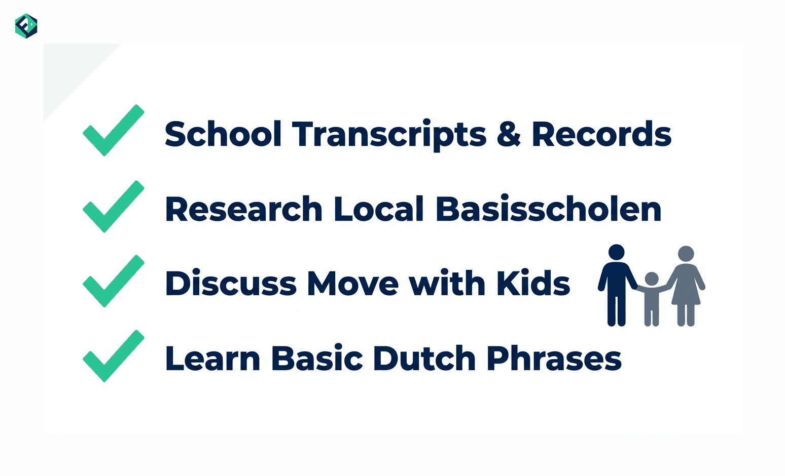A vector checklist showing essential preparation steps for a family relocating to the Netherlands, including school research and learning Dutch.
