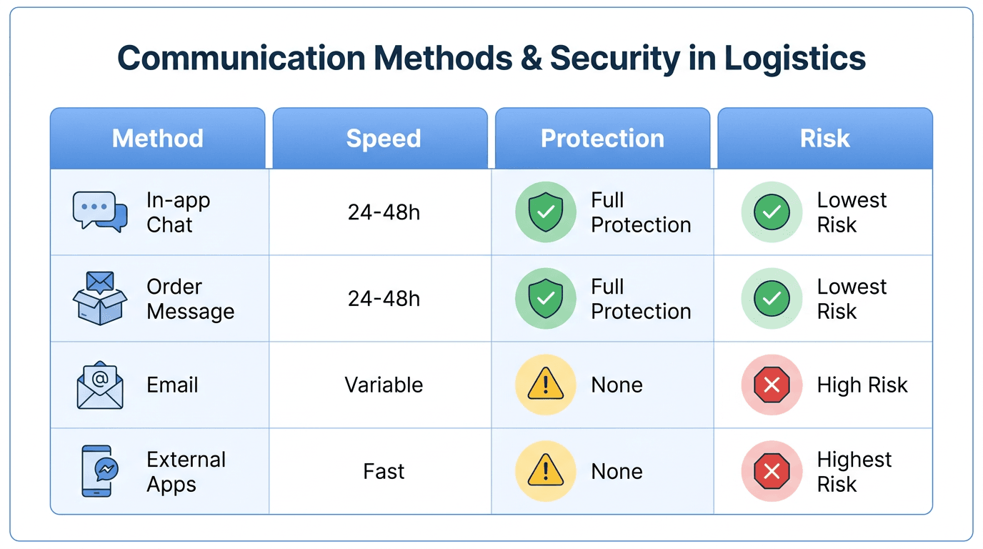  Comparison table of AliExpress seller contact methods showing response times, protection levels, and risk for 2026 buyers