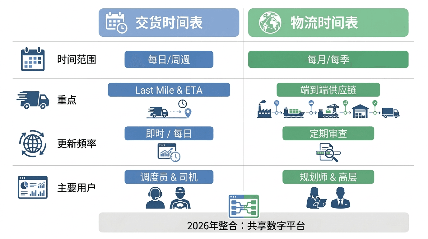 并排矩阵比较2026年送货时间表与完整物流时间轴的功能差异