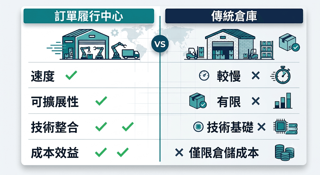 訂單履行中心及傳統倉庫比較
