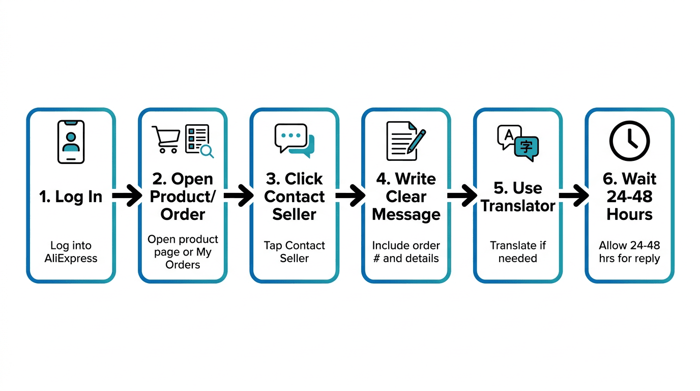 Step-by-step flowchart showing how to contact AliExpress sellers safely in 2026 – optimized for mobile users seeking quick communication guides