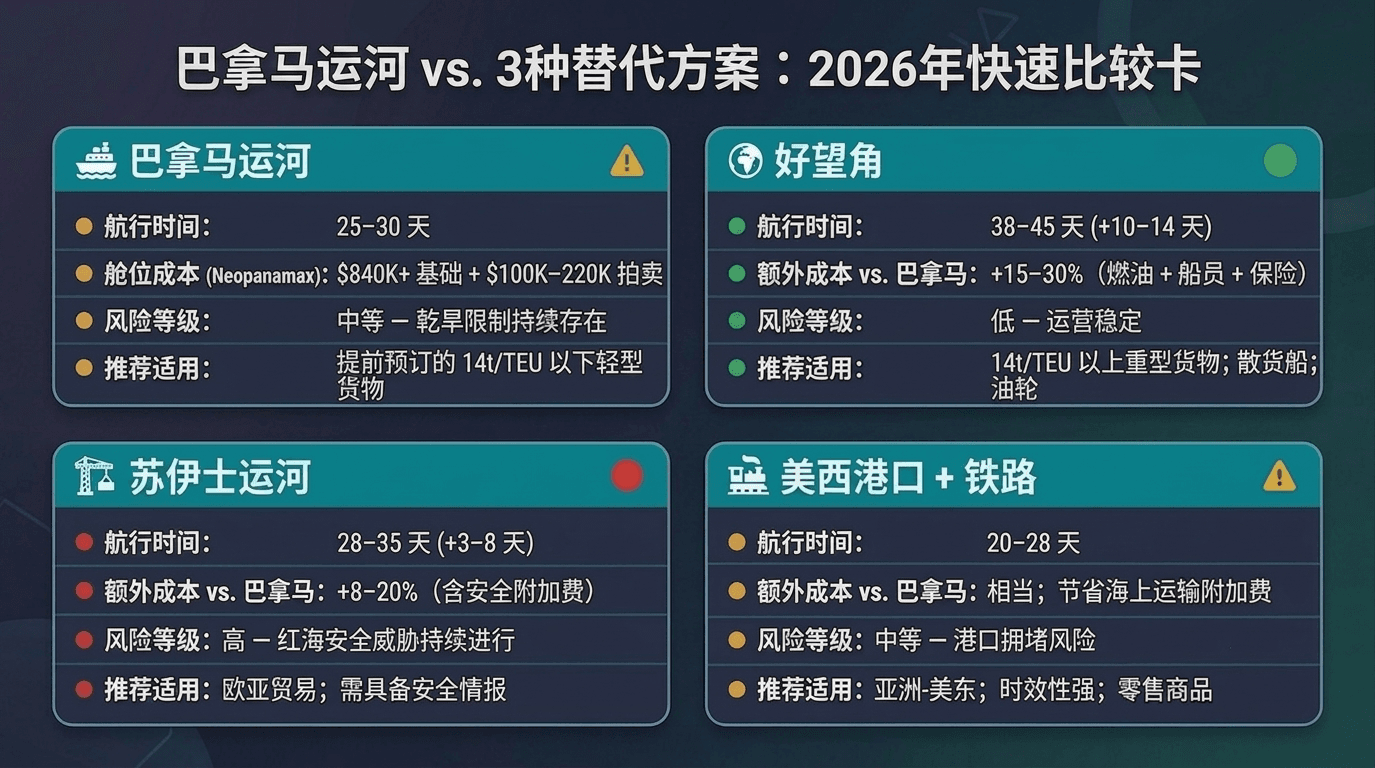 快速比较矩阵:巴拿马运河vs.三大全球航运替代方案(2026).png