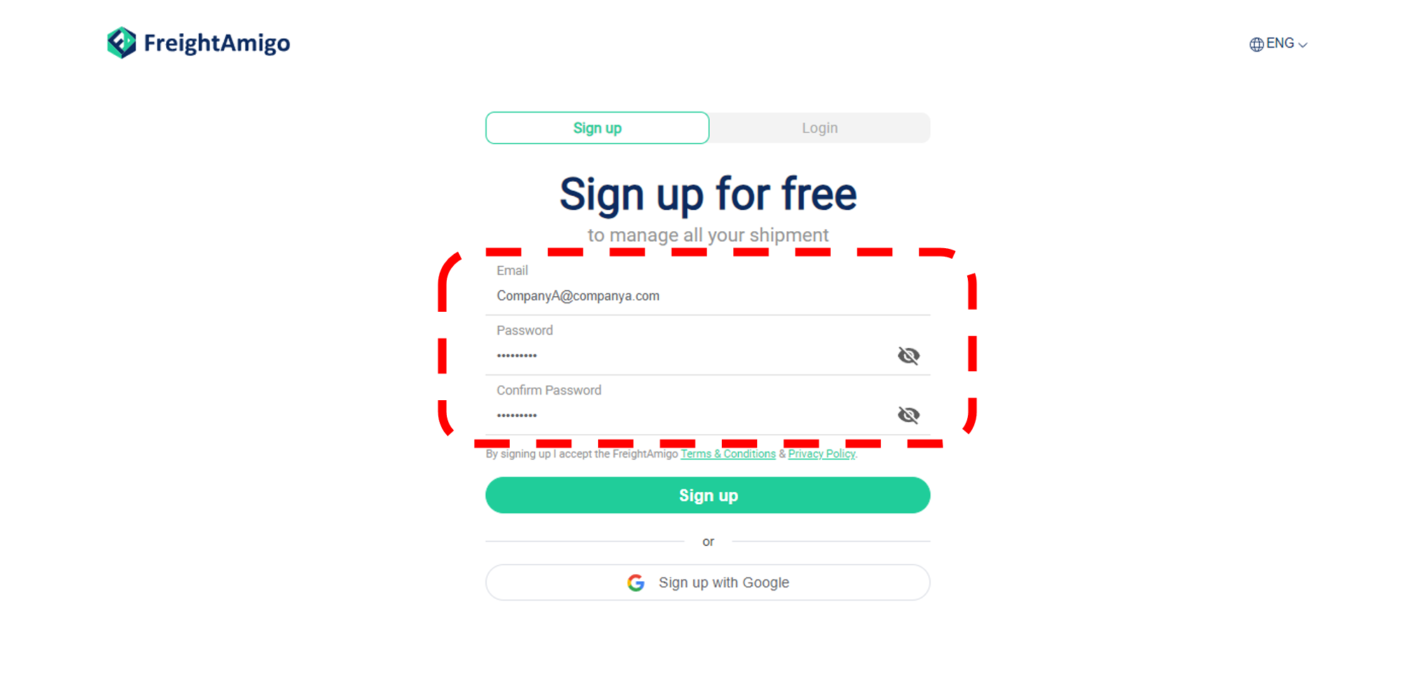 sign up, freightamigo