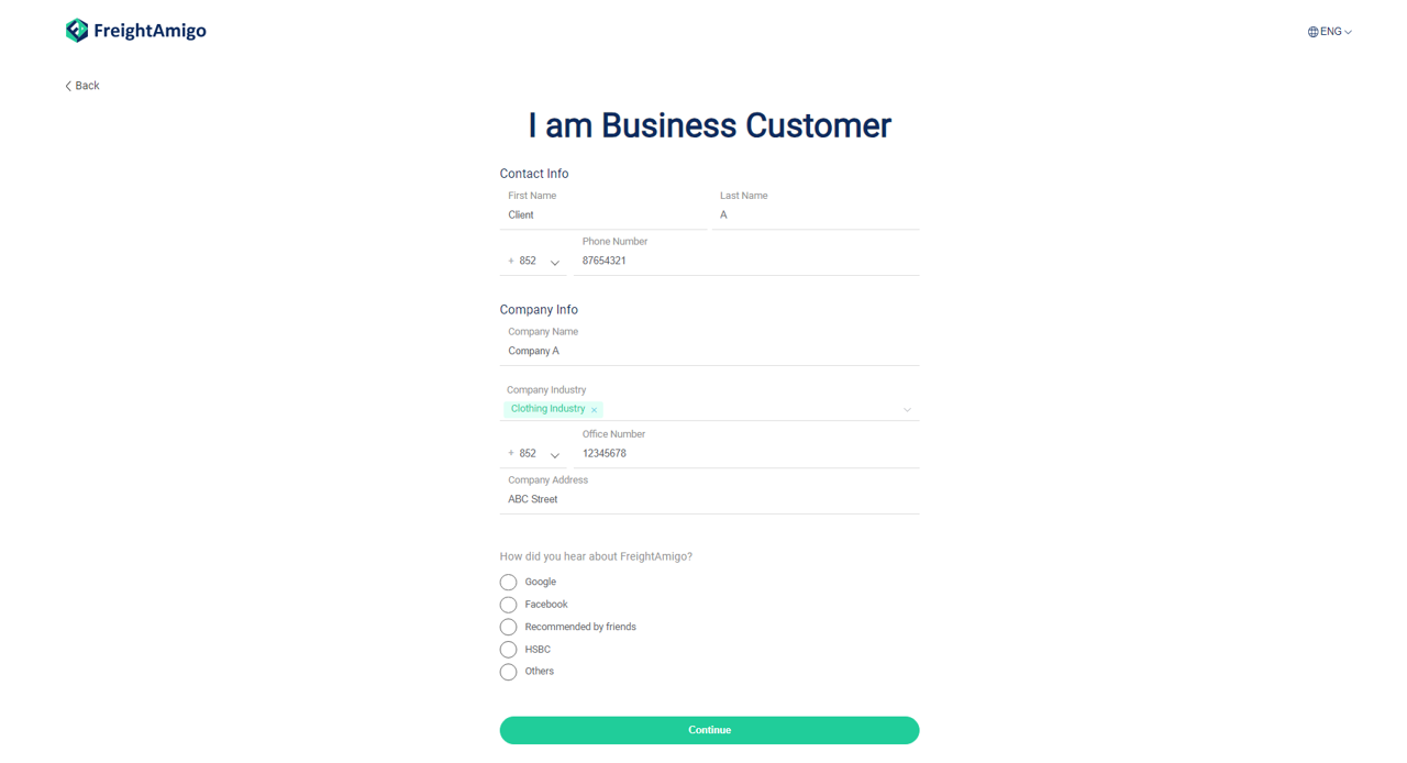 fill in business info - freightamigo - business